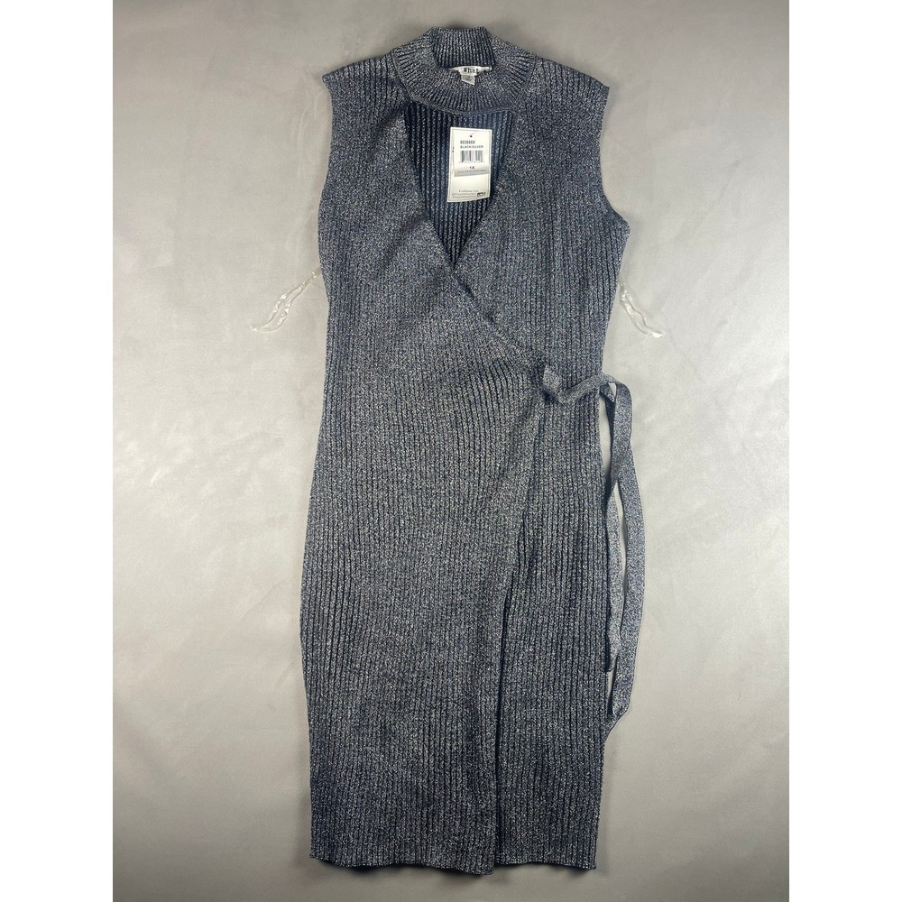 Say What? Womens Plus 1X Metallic Silver Black Ribbed Cut Out Wrap Dress 803888X - Picture 2 of 7